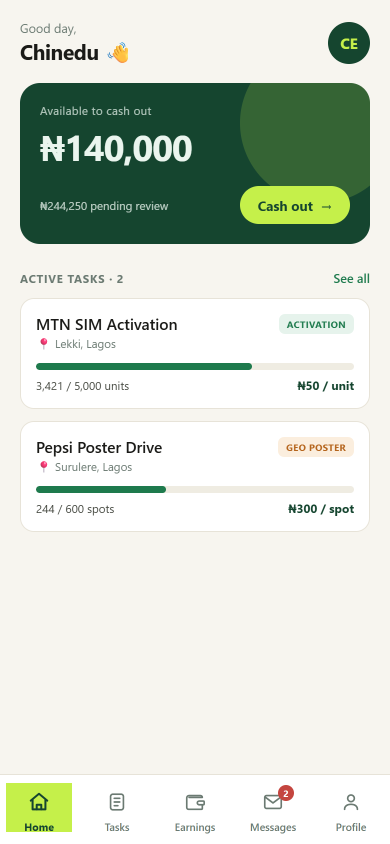 FieldX agent app — home screen with balance and active tasks