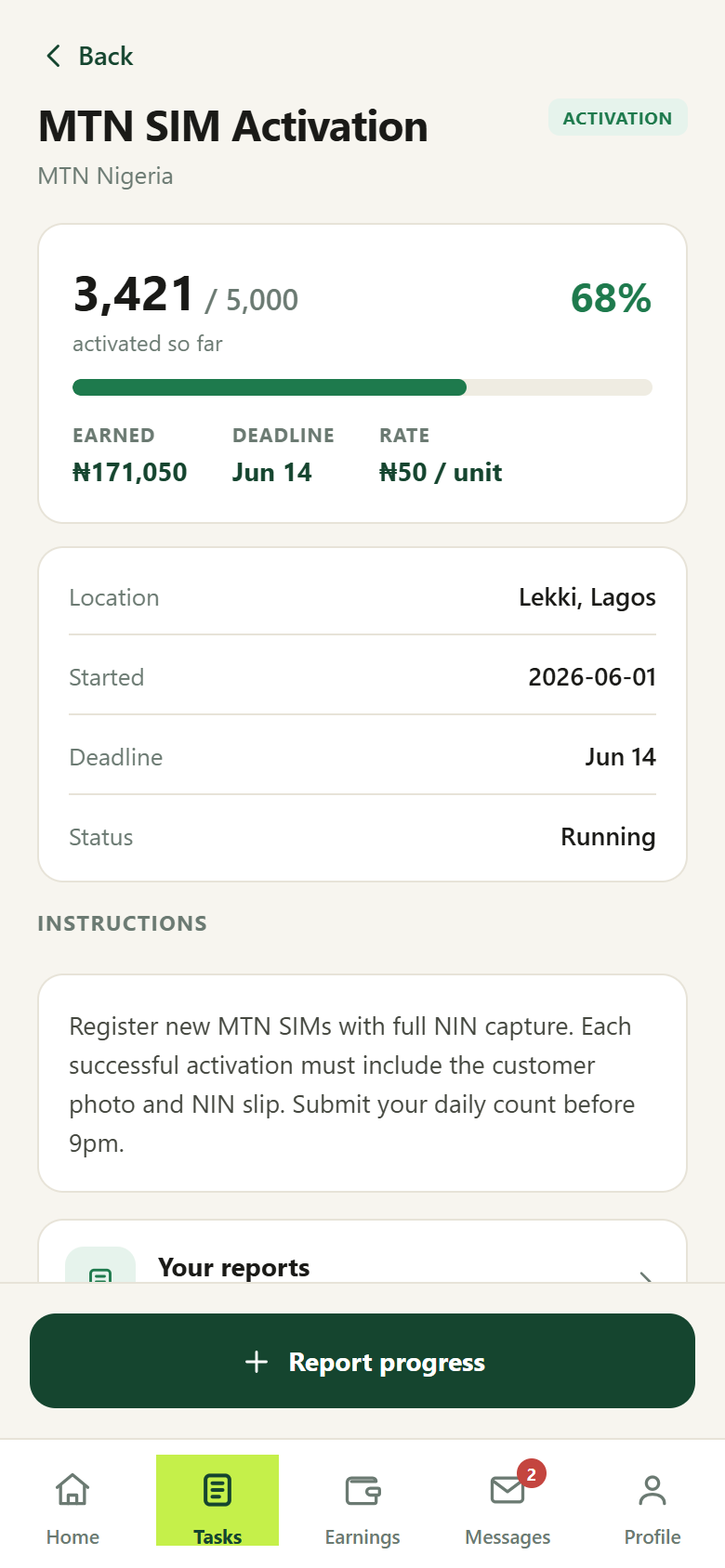 FieldX agent app — task detail with earnings, instructions and report button